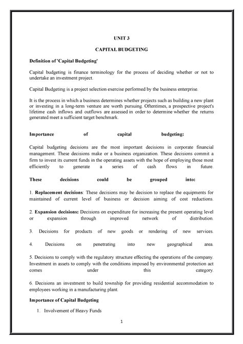 Unit 2 - Summary Financial Management - UNIT 3 CAPITAL BUDGETING ...