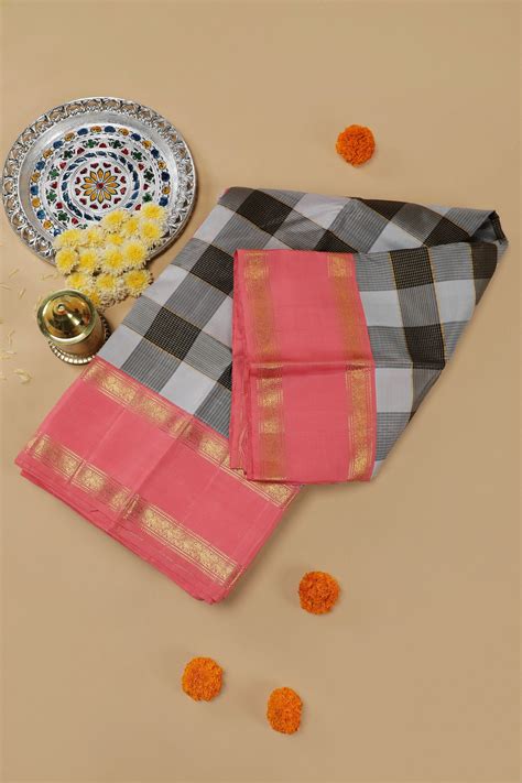 Grey & Black Checked Kanchipuram Silk Saree with Peach Pink Border