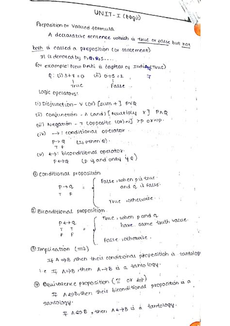 Maths UNIT I: Prepositions, Truth Tables, and Logical Operators - Studocu