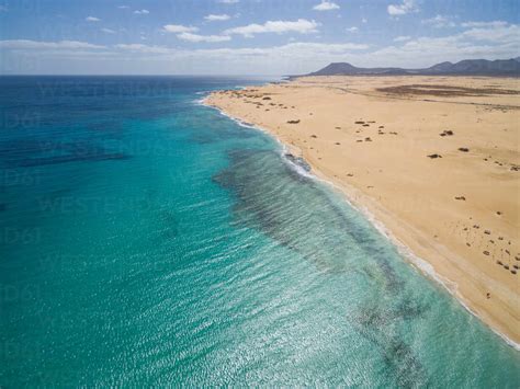 Aerial view of Corralejo’s Big Beaches with turquoise sea in ...