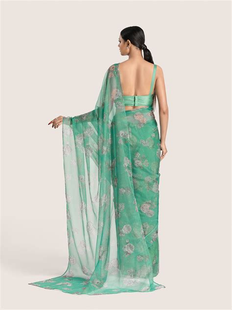 Floral Printed Green Organza Saree With Blouse Fabric – Tirumala Designers