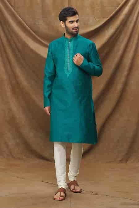 Buy Blue Jacquard, Chanderi Floral Thread Work Bodice Kurta And ...