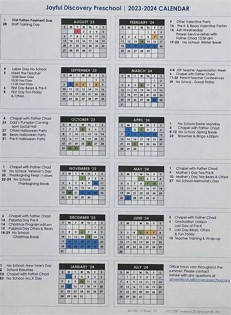 Calendar | Joyful Discovery Preschool | Sammamish, Issaquah, Redmond