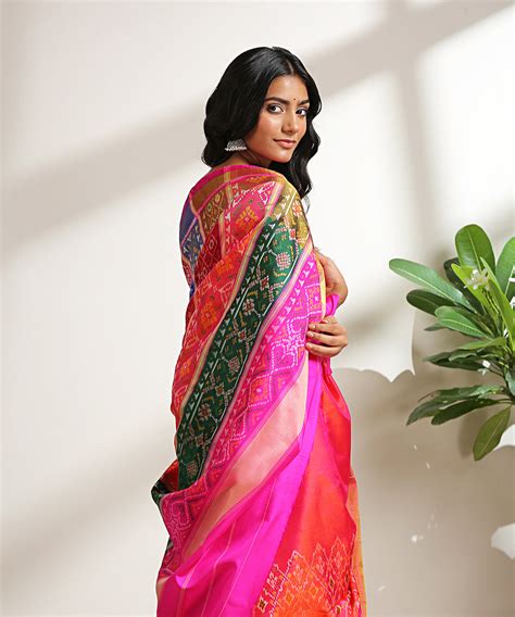 Handloom Pink Pure Mulberry Silk Patola Saree With Multicolor Border ...