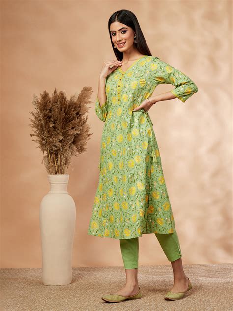 Lime Green Floral Print A-Line Kurta – Imara
