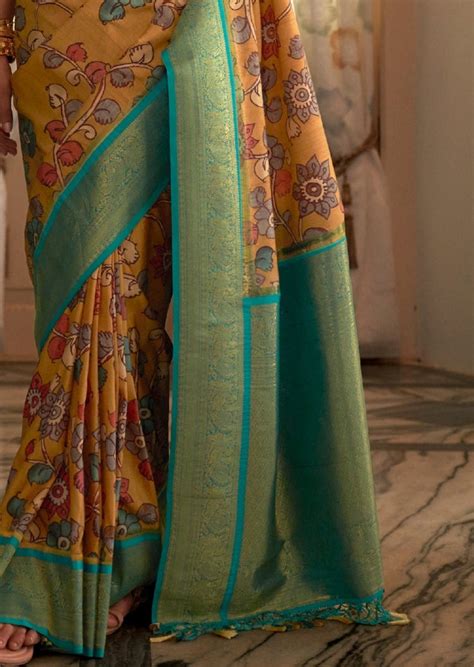 Yellow Kalamkari Saree with Banarasi Border – Sunasa