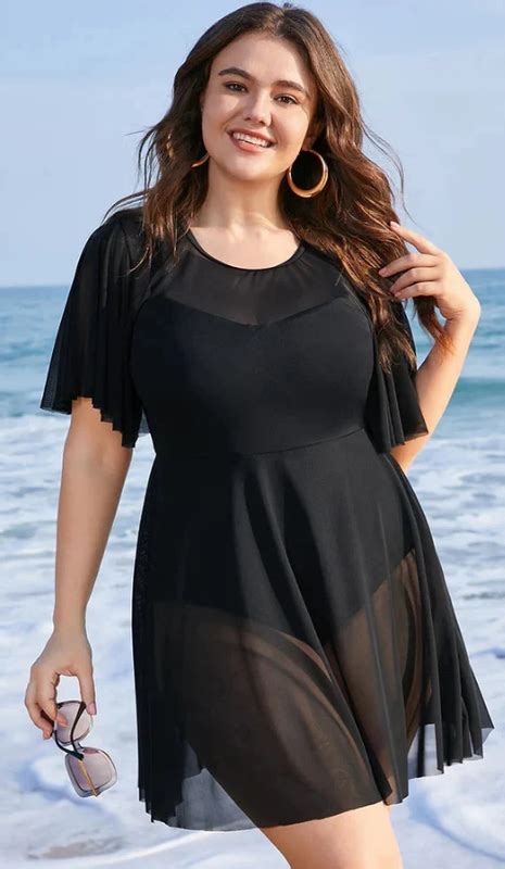 Plus Size Swimwear Solid Mesh Patchwork Ruffle Sleeve Swim Dress Cover ...