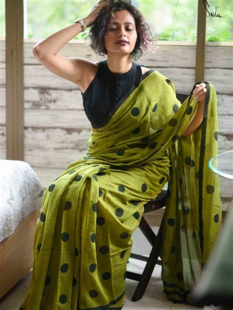 Mulmul Cotton Printed Polka Dot Saree In Green|Gold Mine|Suta