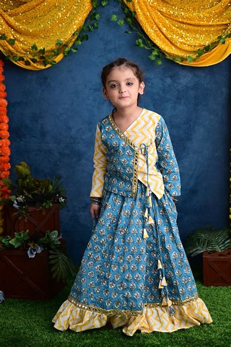 Two Piece Blue Yellow Cotton Block Printed Lehenga Choli Set With Fril ...