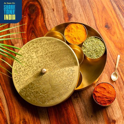 Floral Handcrafted Spice Box In Brass With Spoon - Spice Boxes ...