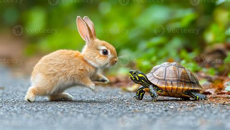 A rabbit and a turtle are walking on a road 50364911 Stock Photo at ...