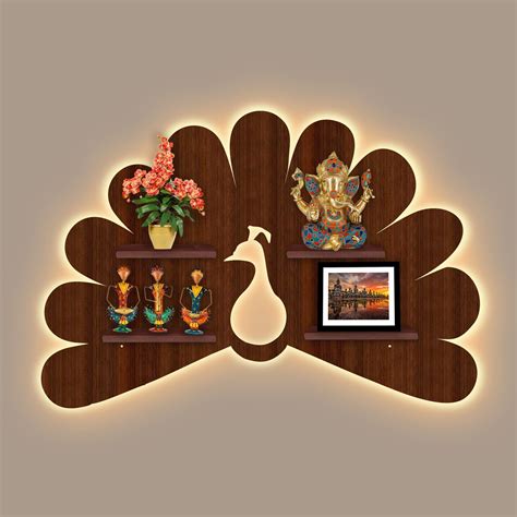 Beautiful Peacock Shape Wooden LED Light Wall Shelf with Walnut Finish ...