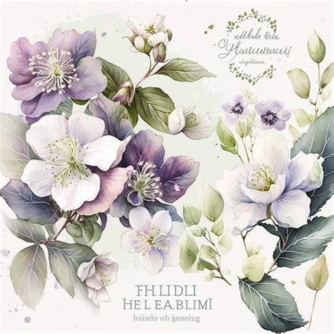 watercolor floral CLIPART, PURPLE HELLEBORES AND WHITE SPRING BLOSSOMS ...