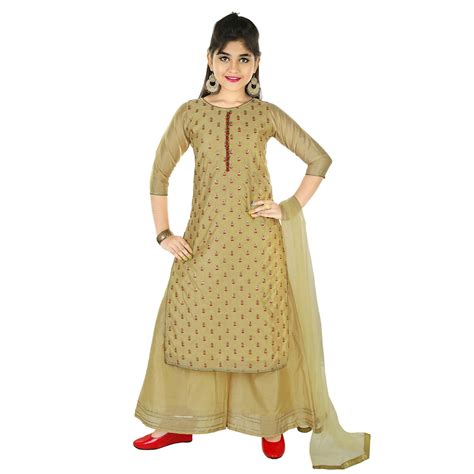 Buy Aura Girls' Chanderi Silk Embroidered Salwar Suit with Palazzo ...