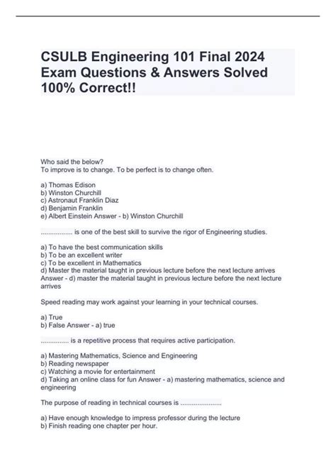 CSULB Engineering 101 Final 2024 Exam Questions & Answers Solved 100% ...