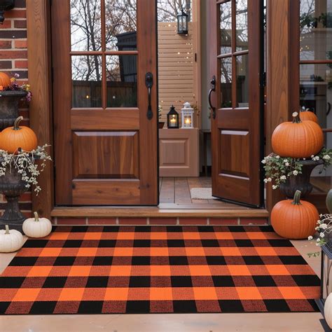 Fall Outdoor Rug uffalo Plaid Orange and lack 3'x5',Washa le Cotton ...