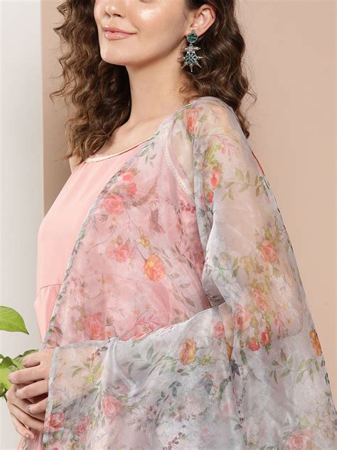 Light Pink Cr Strappy Set With White Organza Dupatta