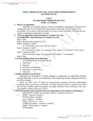 Question Bank 1 - Unit I – Computational Thinking and Problem Solving ...