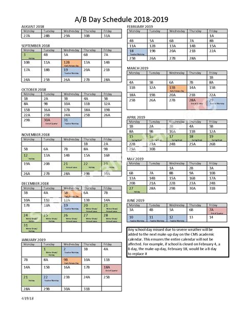 2018 - 2019 A-B Day Calendar | Charlotte-Mecklenburg Schools ...