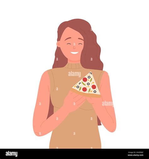 Happy woman eating pizza. Girl holding slice of italian pizza vector ...
