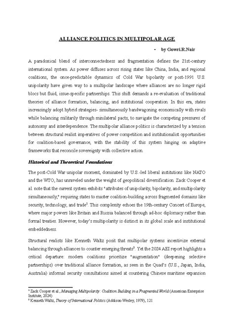 Alliance Politics in a Multipolar World: Challenges and Strategies ...