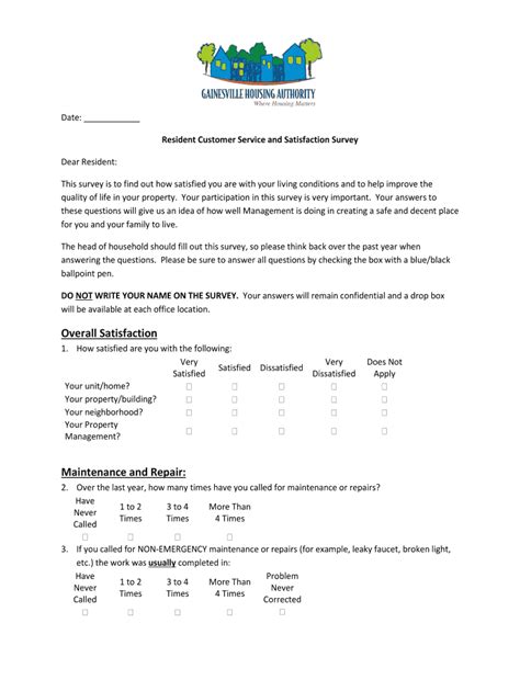 Resident Customer Service and Satisfaction Survey - Blank Fillable ...