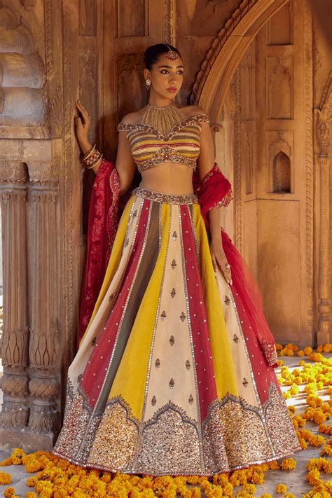 Shop Mangala Multi-Color Bandhani Lehenga with Hand Embroidery