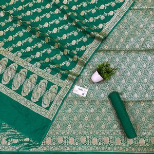 Sea Green Golden Zari Katan Silk Banarasi Suit – Mohsin Textiles