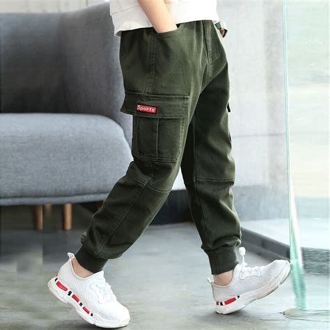PatPat Boys Long Trousers Cargo Pants with Pocket, Cotton Solid ...