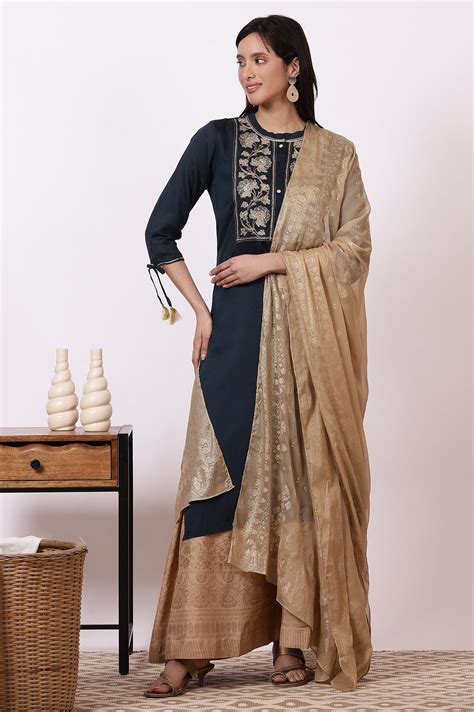 Buy Blue Zari Embroidered Straight Kurta, Flared Skirt and Dupatta Set ...