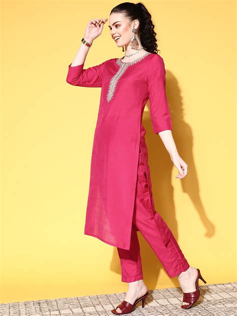 Buy Ishin Women's Cotton Blend Magenta Yoke Design A-Line Kurta Trouser ...