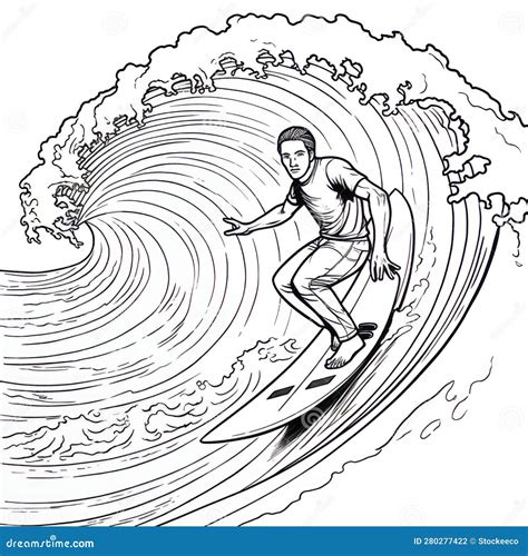 Surfer Riding Wave Coloring Page in Fisheye Lens Style Stock ...