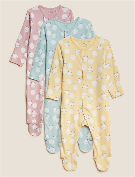 Buy 3pk Cotton Rich Cat Print Sleepsuits at Marks & Spencer