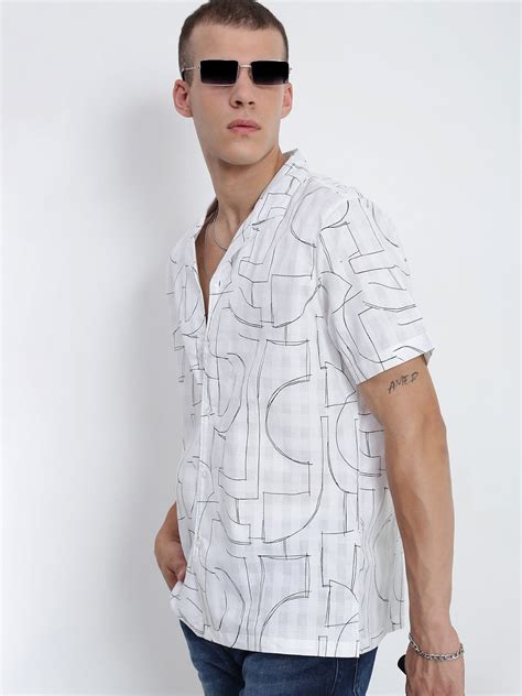 Buy Men's White Abstract Cuban Collar Relaxed Fit Shirt | Showoffff