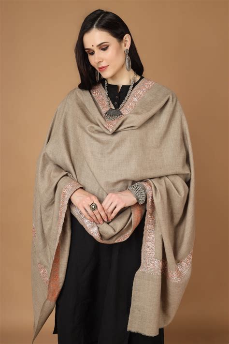 Natural color Pashmina cooper tilla work border shawl – Kepra