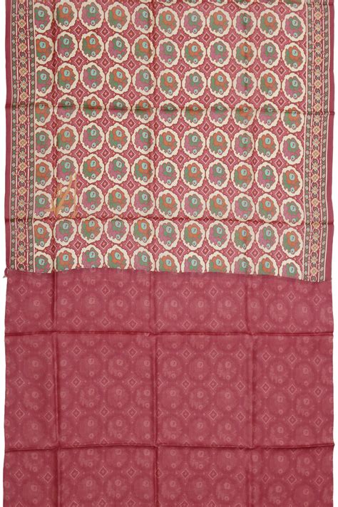 Cream Tussar Silk Saree with Onion Pink Geometric Border