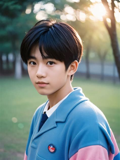 Arafed asian boy in a blue jacket and tie standing in a park - SeaArt AI