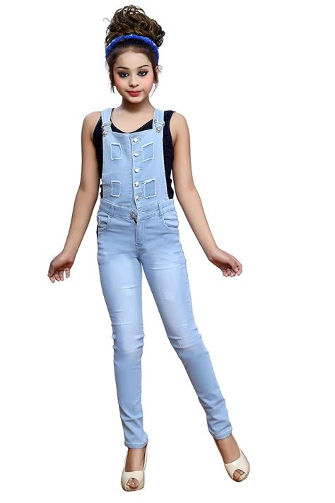 FNocks Girls Denim Square Neck Dangri (Light Blue, 12-13 Years ...