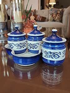 BUMBLEBERRY Designer Ceramic Pickle Jar- Set of 3 jars with Tray | Blue ...