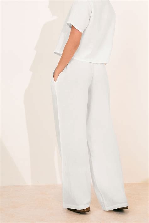 PixieGirl Petite Women's White Linen Drawstring Wide Leg Trousers ...