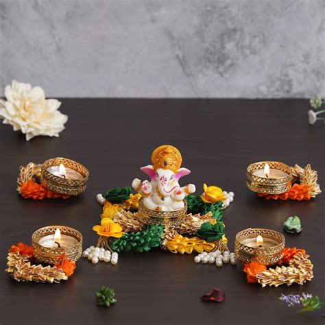 eCraftIndia Lord Ganesha Idol on Floral and Beads Embellished Handcraf