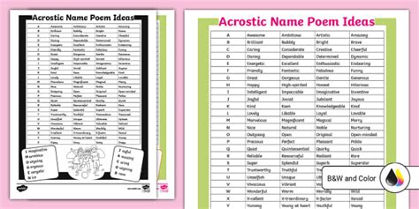 Word List for Acrostic Name Poems
