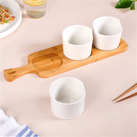Set Of 3 Small Ceramic Bowls With Wooden Tray 180ml Online - Premium ...