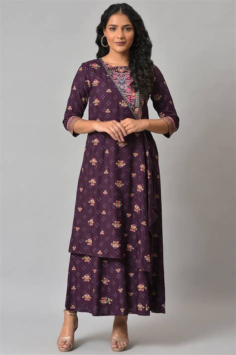 Buy Dark Purple Printed Angrakha Jumpsuit @ 4599 | W for woman – wforwoman