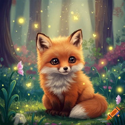 A cute, fluffy orange fox with big eyes sits among autumn leaves in a glowing forest. on Craiyon