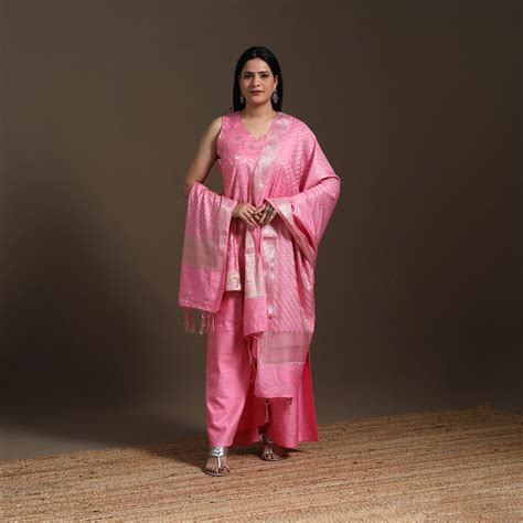 Pink Banarasi Tanchoi Silk Cotton Palaazo Set for Women (Set of 3)