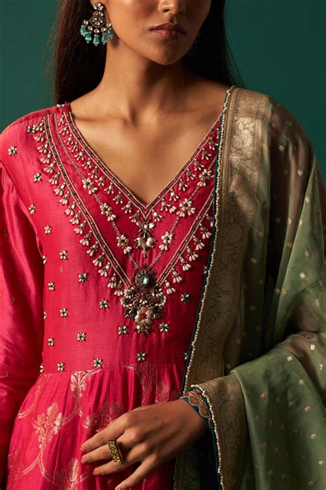 Pink Embroidered Chanderi Jaquard Zari Anarkali Kurta with Churidar an