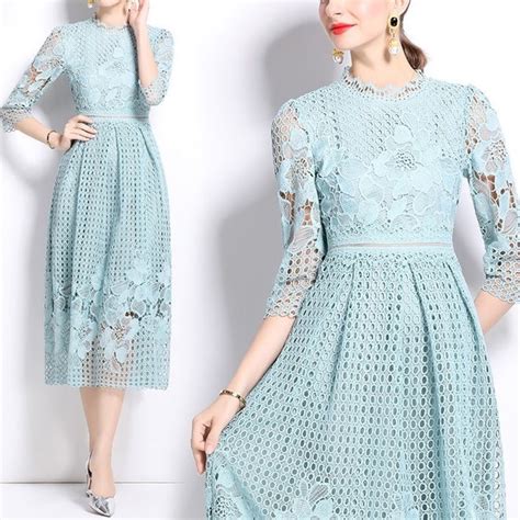 送料無料 D2261 サークル フラワー クロッシェレース 7分袖 ロング ドレス ワンピース《ミントブルー》 水色 グリーン ブルー 青系 ...