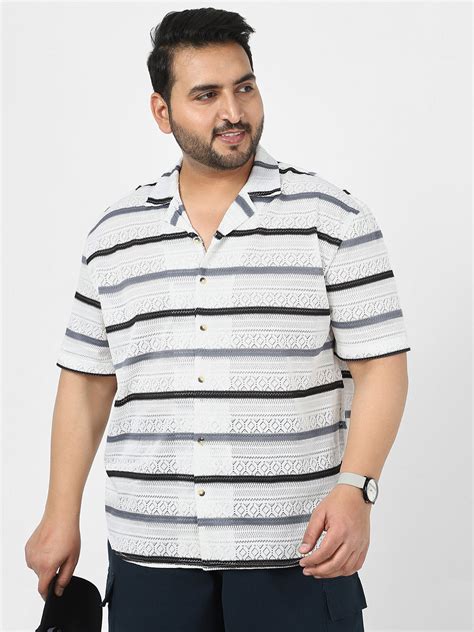 Men's White, Blue Cotton Half Sleeve Oversized Fit Textured Crochet Sh ...