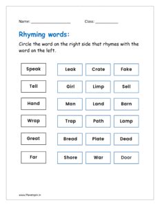 Rhyming words worksheets PDF for kindergarten | Planetspin.in